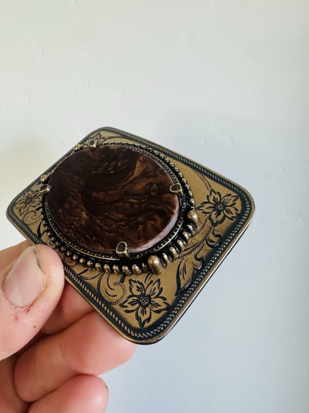 Vintage Belt Buckle Natural Polished Stone Center Quality Piece/ Cowboy Buckle