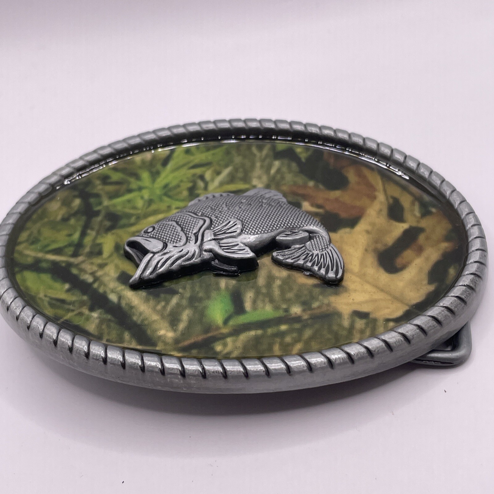 CAMO Big-Mouth Bass BELT BUCKLE Metal Western Fishing USA Camouflage Silver Tone