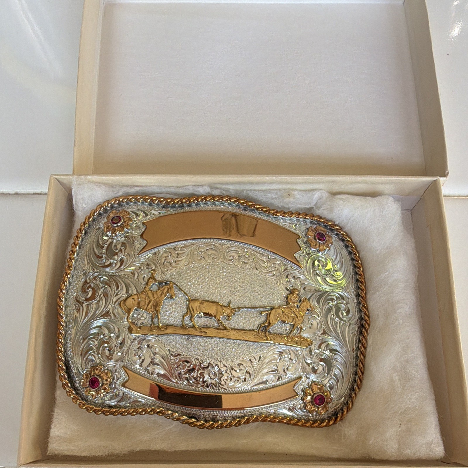 Montana Silversmiths Silver Plate Western Horse Belt Buckle Rope Edge 1.5in