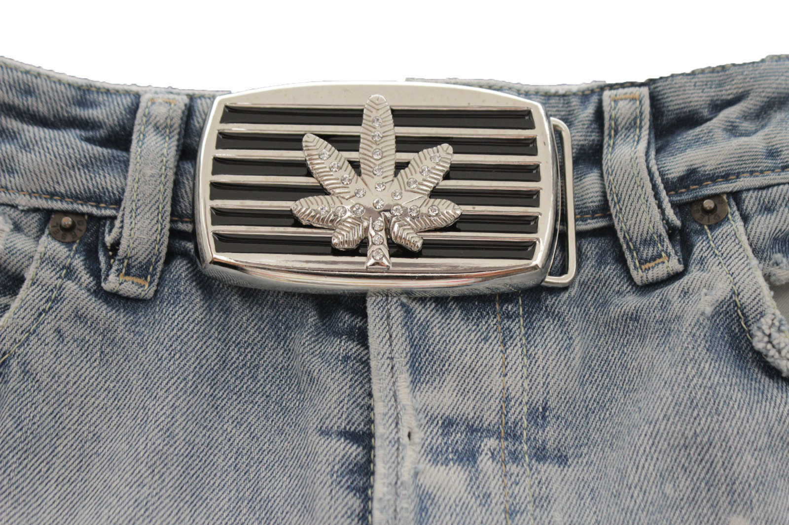 Men Women Silver Black Metal Belt Buckle Large Marijuana Leaf Plant Streetwear