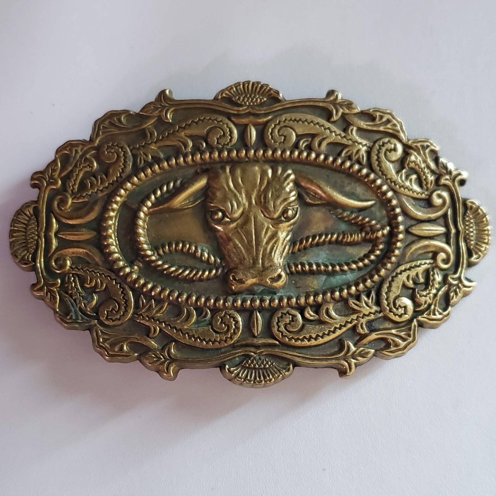 Vintage 1982 Baron Buckles Solid Brass Bull Head Belt Buckle Ornate Rancher