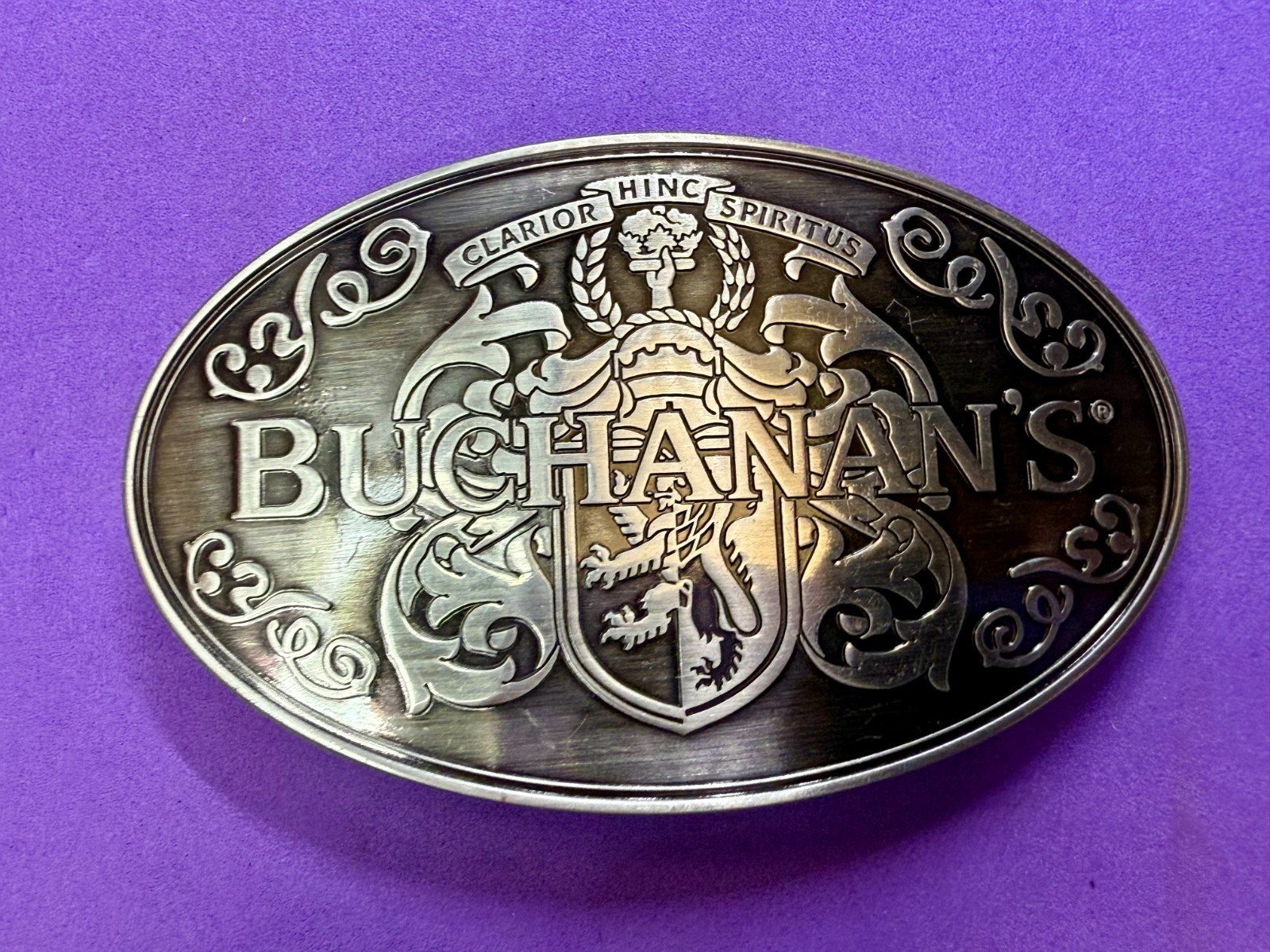 Buchanan&rsquo;s ScottishTop Shelf Whiskey promo Clarior Hinc Spiritus Belt Buckle