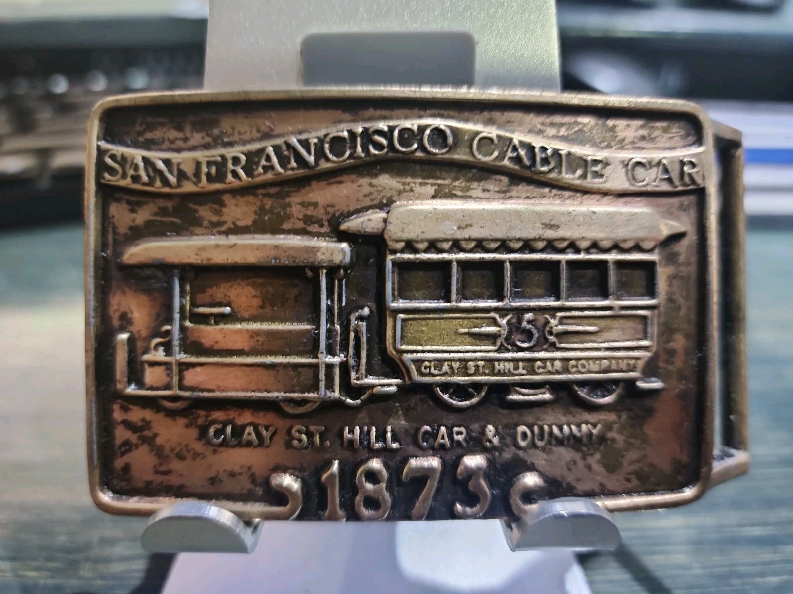 Vintage Brass Belt Buckle San Francisco Cable Car Clay St Hill Car & Dummy 1873