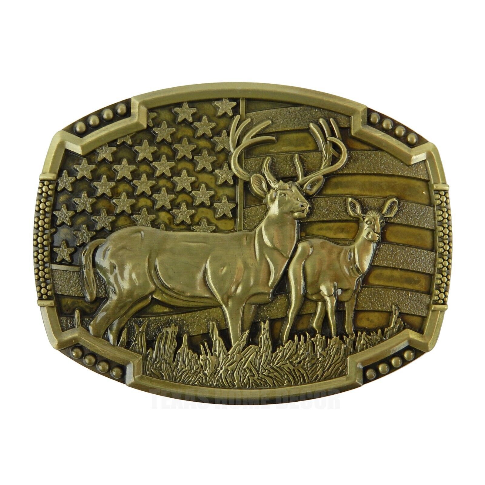 Buck Deer American Flag Belt Buckle USA Hunter Antique Bronze Tone 1.5&Prime; Belts