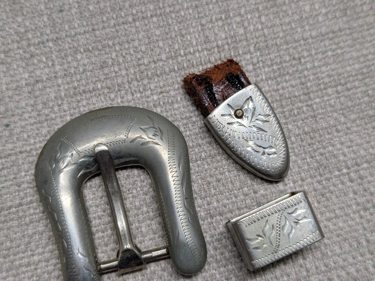 vintage 3PC belt buckle SET handcrafted RICARDO cowboy NICKEL SILVER western
