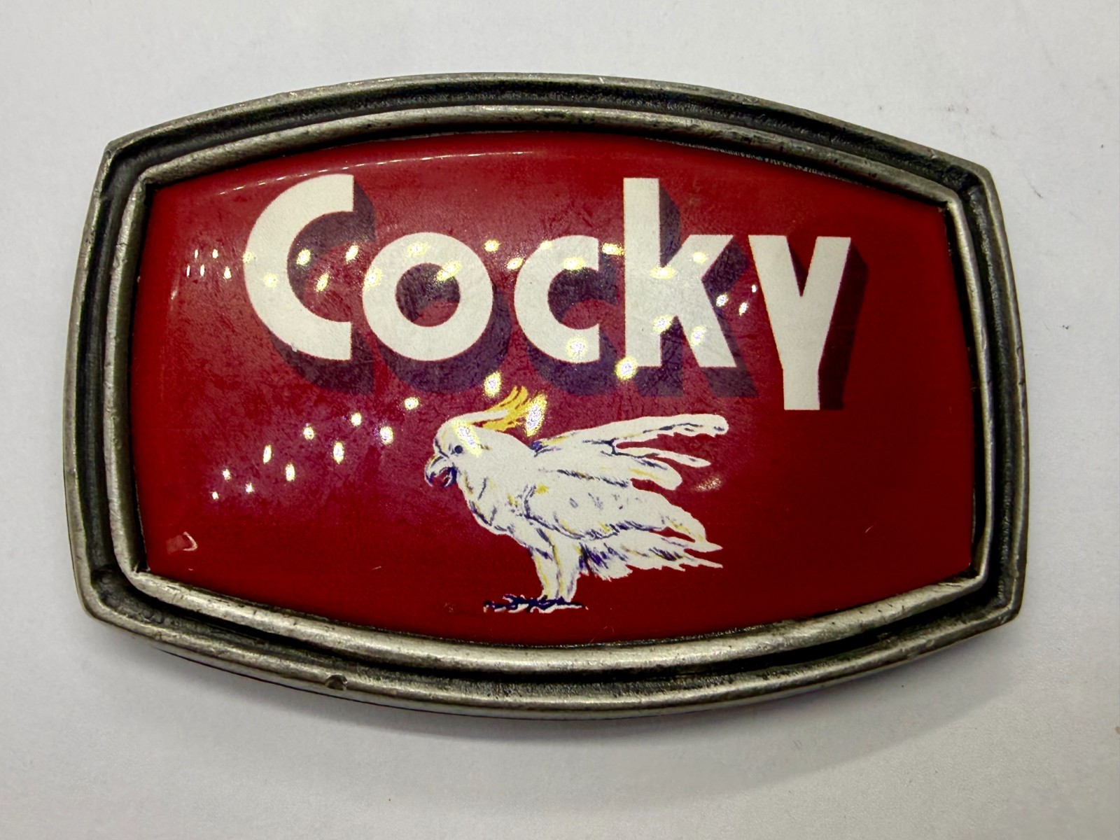 Y2K Men Cocky red belt buckle tv show bone classic hardware vintage retro whimsy