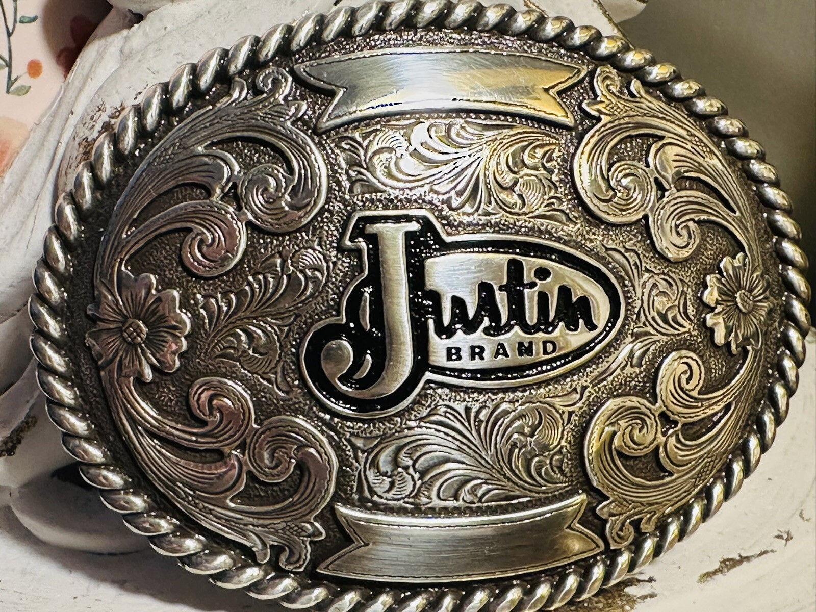 JUSTIN Boots Promo Silver Belt Buckle Western Scroll Work Cowboy Rodeo Oval