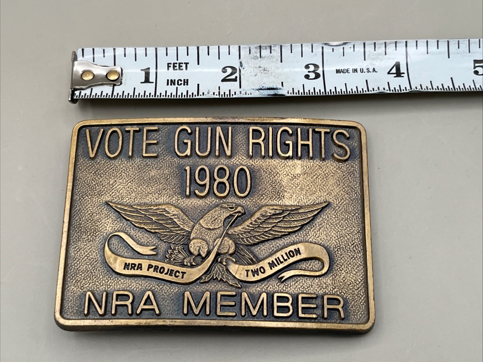 Vintage 1980 Vote Gun Rights NRA Member Belt Buckle Project Two Million Brass