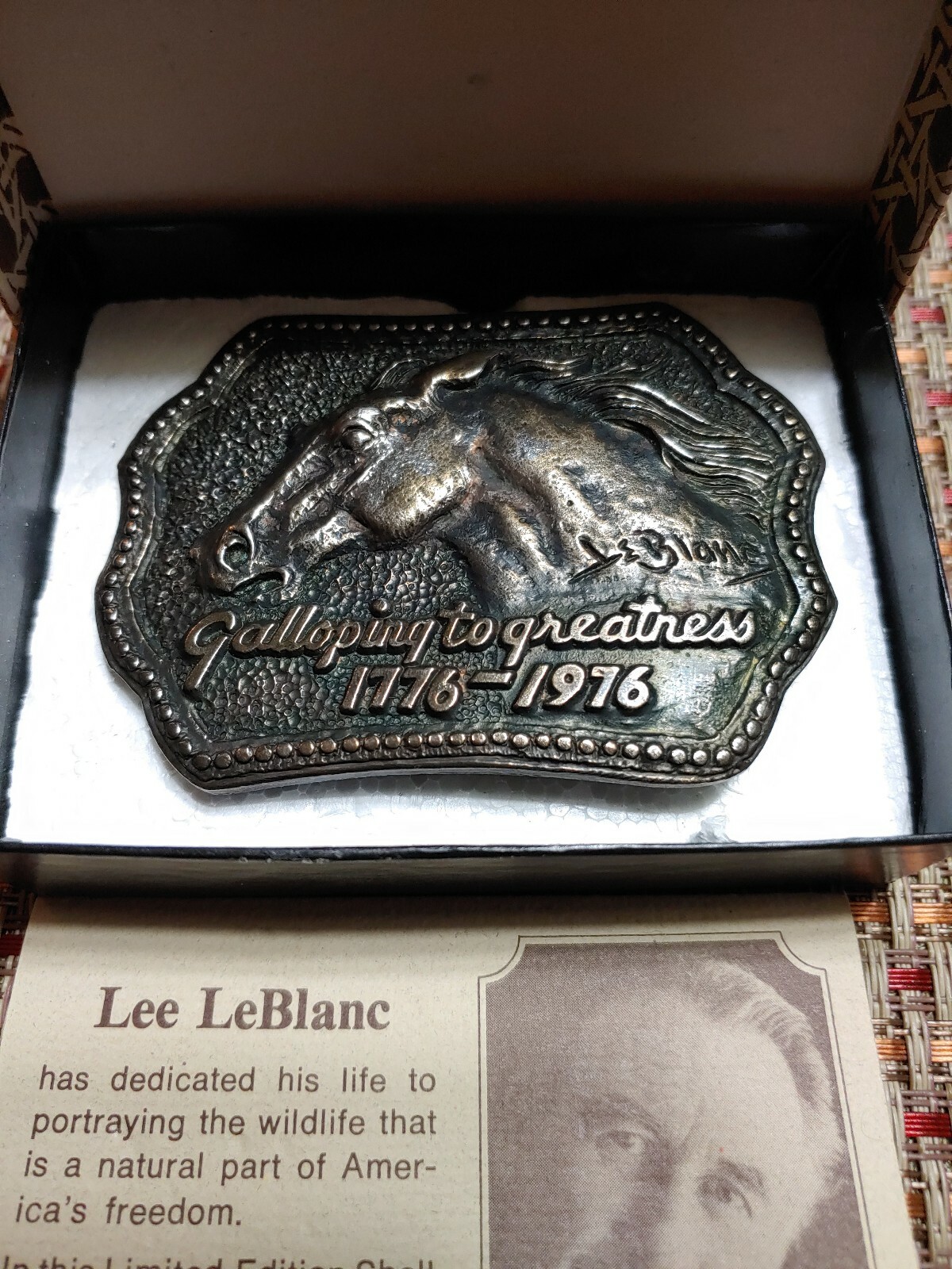 RARE 1776 1976 Lee LeBlanc Belt Buckle SHELL OIL BICENTENNIAL HORSE GALLOPING LE