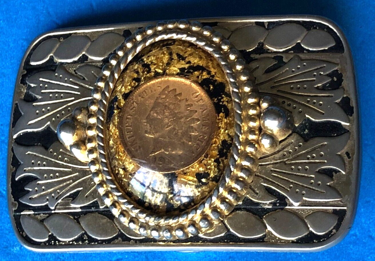 United States Indian Head Penny on Centered Cabochon Gold Belt Buckle