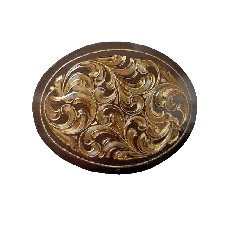 Western Belt Buckle 4.25 x 3.25 in Handcrafted Oval Engraved Brown Gold 2.25