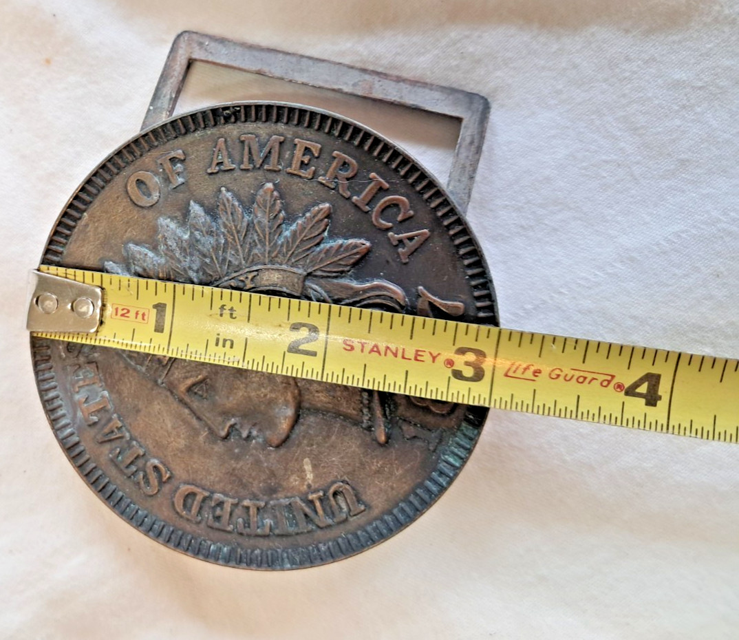 Vintage 1877 Indian Head Penny Belt Buckle Bronze Tone Round Coin Americana 3.75