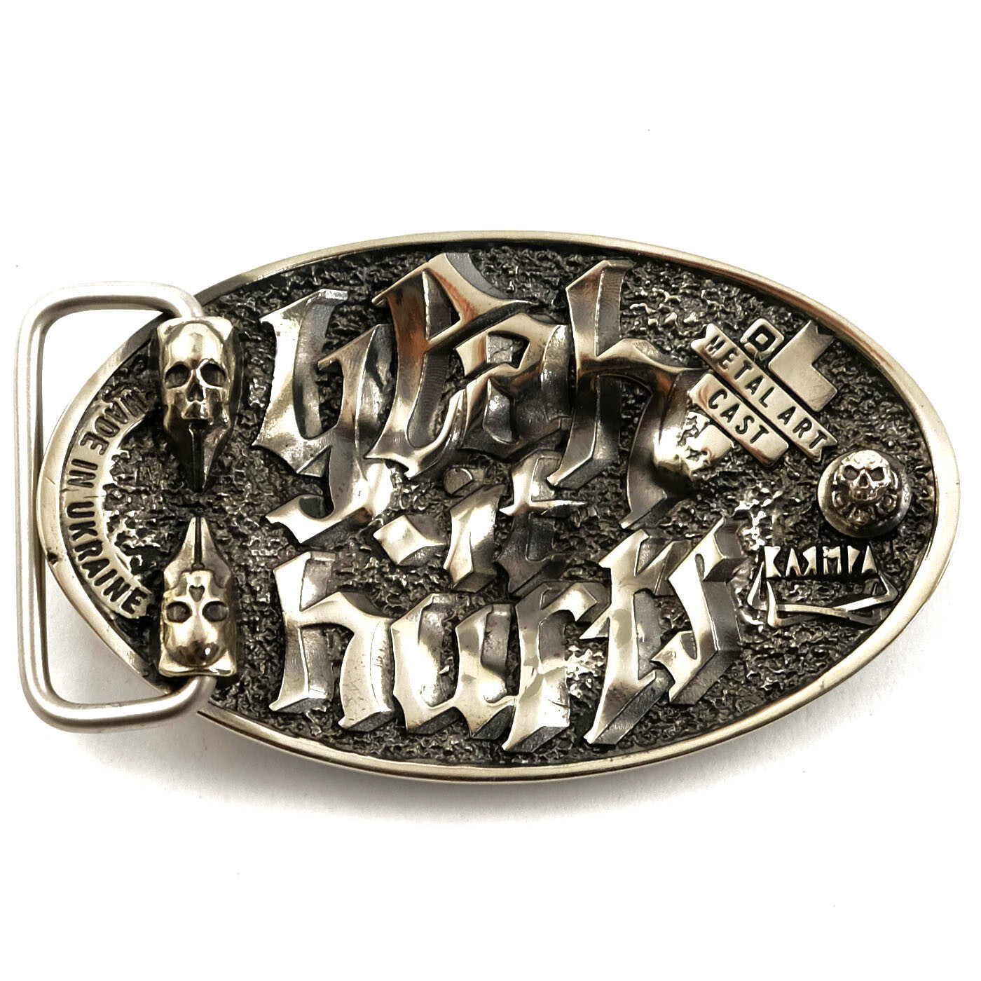 German silver belt buckle tattooist with skull, Tattoo machine, Skull buckle