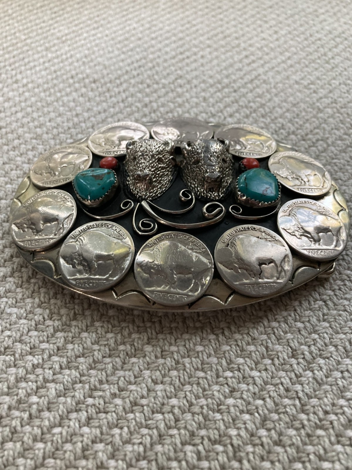 Vintage Belt Buckle, Double Buffalo, 10 Nickel, Turquoise Coral USA Southwestern