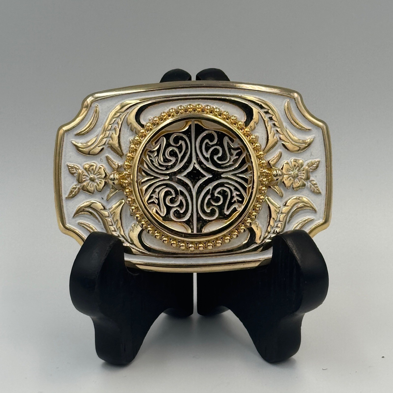 Vintage Western Gold Tone White Enamel Filigree Floral Belt Buckle Made in USA