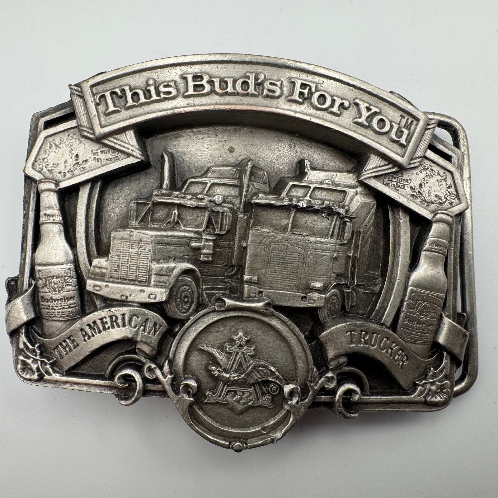 Vintage 1987 Budweiser American Trucker Belt Buckle Bergamot Brass Works D-175