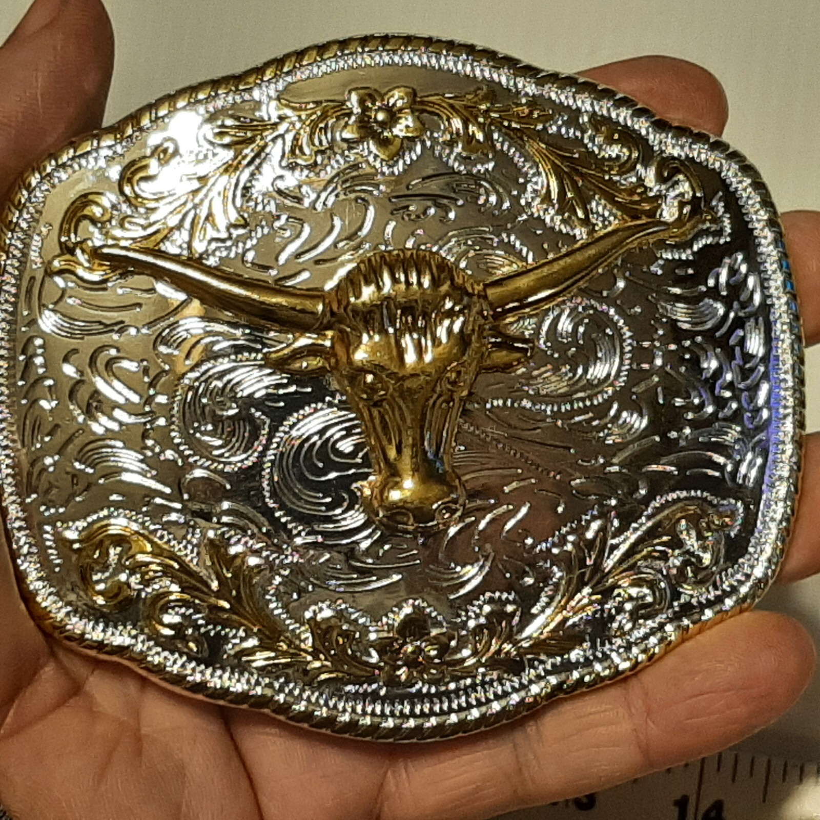 GOLD & SILVER (IN COLOR ONLY) LARGE RODEO WESTERN BULL SKULL Metal Belt Buckle