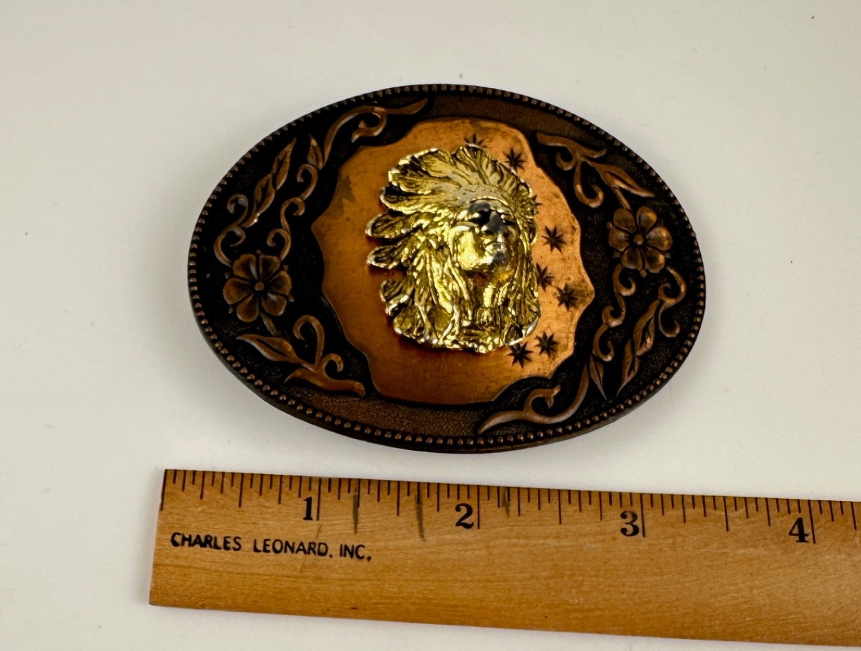 Western Copper Tone Belt Buckle Native Chief Head Oval Floral Scroll