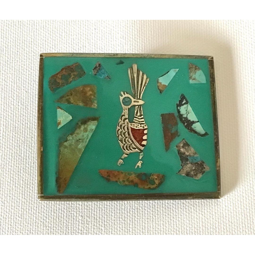 Vintage Solid Brass Roadrunner Turquoise Chip Inlay Southwest Belt Buckle Cowboy