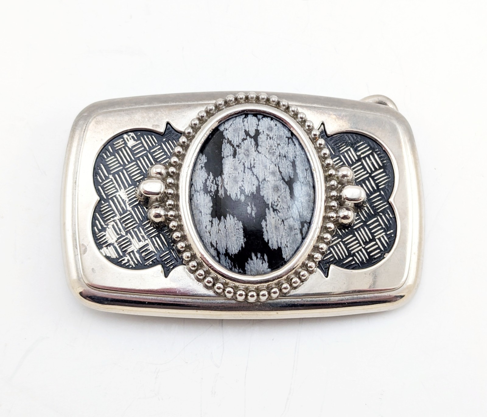 1970s-1980s Vintage Western Belt Buckle with Snowflake Obsidian Stone Cabochon