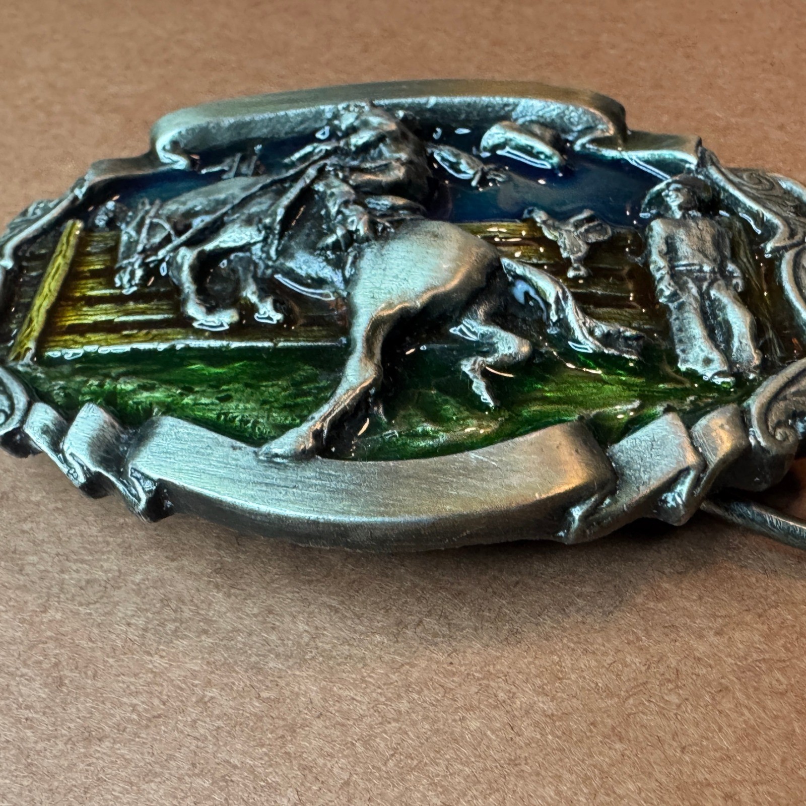 Vintage Western Rodeo Bronco Rider Belt Buckle Enamel Pewter Tone Cowboy Style