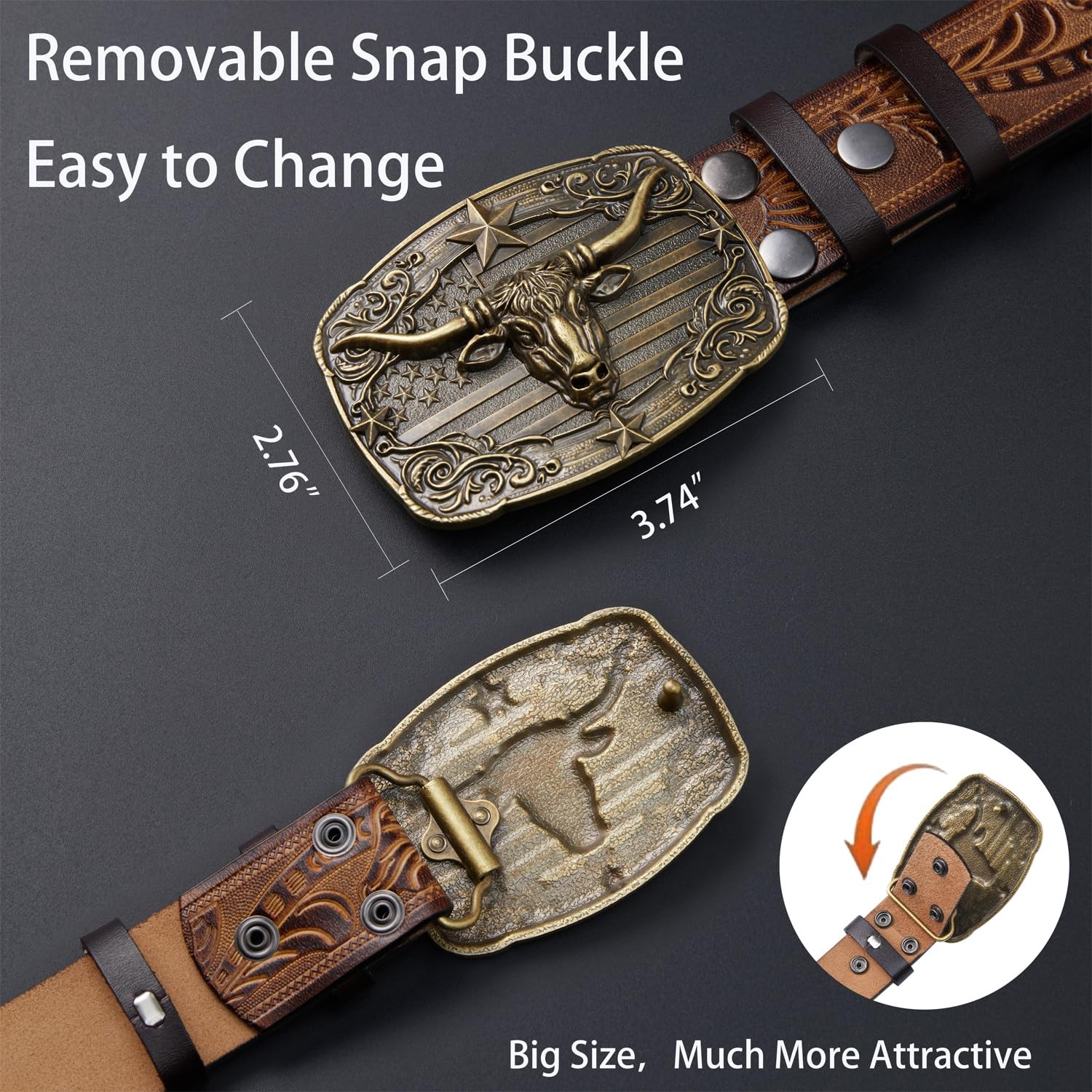Evbopa Western Leather Belts for Men 33&Prime;-36&Prime;, Bronze Bull Buckle/Brown Belt