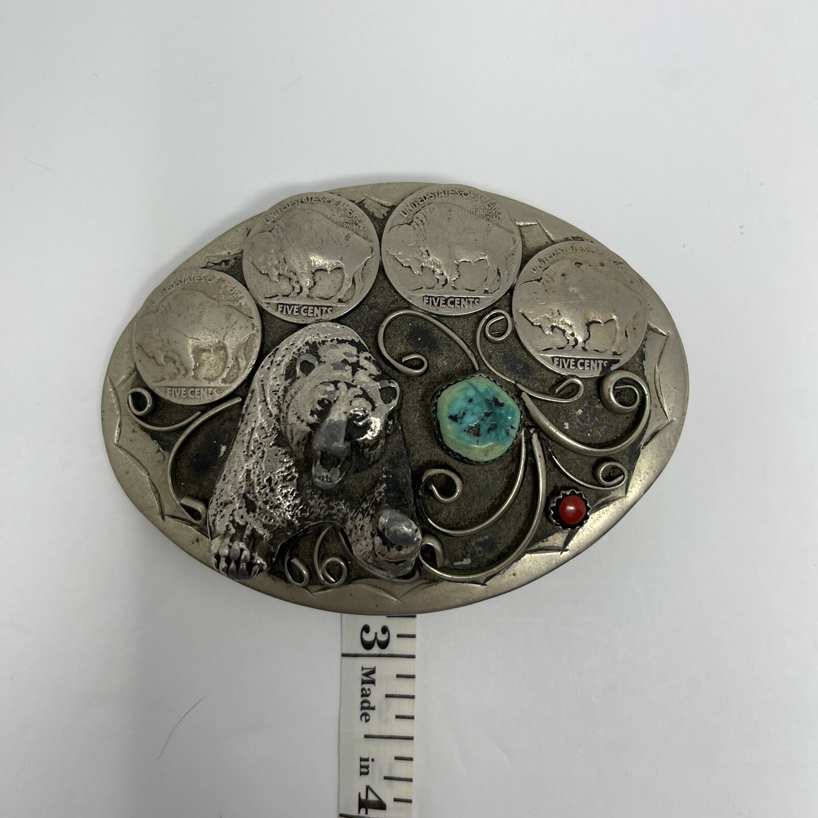 Vintage Bear Buffalo Nichols Belt Buckle Turquoise/Coral