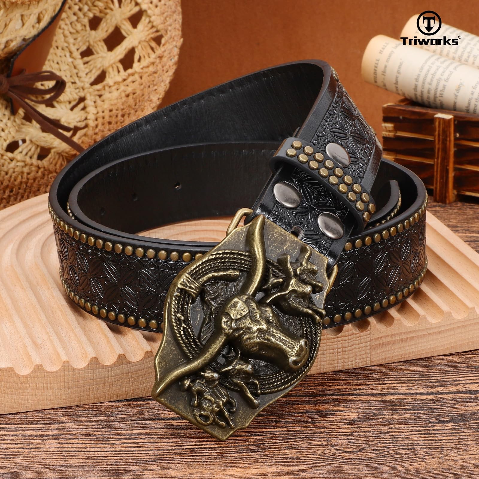 TRIWORKS Western Leather Belt for Men Cowboy Cowgirl Fit Size 34&Prime;-37&Prime;, Black