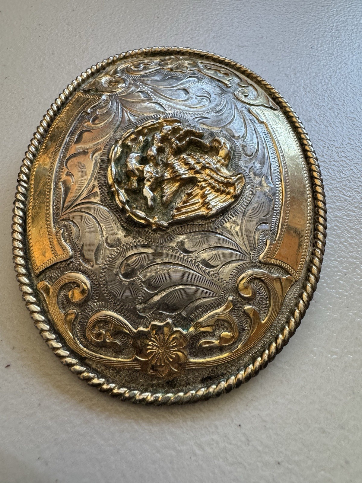 M. K. Mexico Oval Western Floral Engraved Belt Buckle Rope Edge Eagle 1.5in