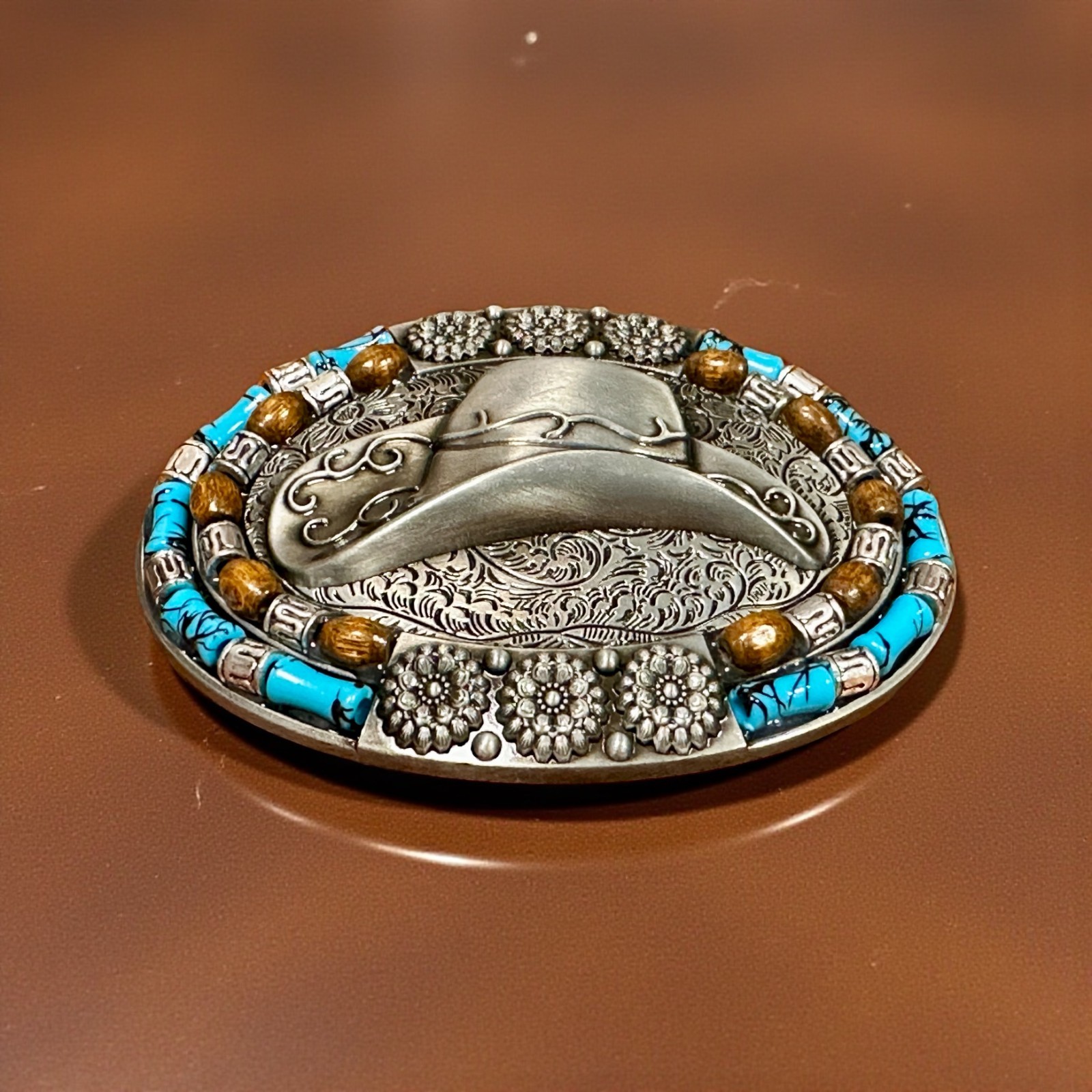 Western Fashion Belt Buckle Men Antique Silver Metal Cowboy Hat Turquoise