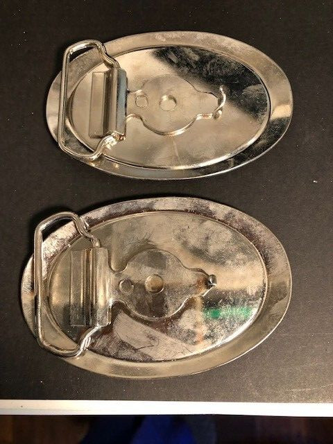 2 Police Badge Belt Buckles Black and Cream W/ Chrome