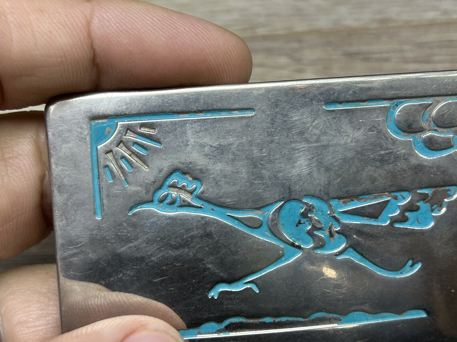 Vintage Chambers Belt Co. Turquoise Look Silver-Tone Road Runner Belt Buckle USA