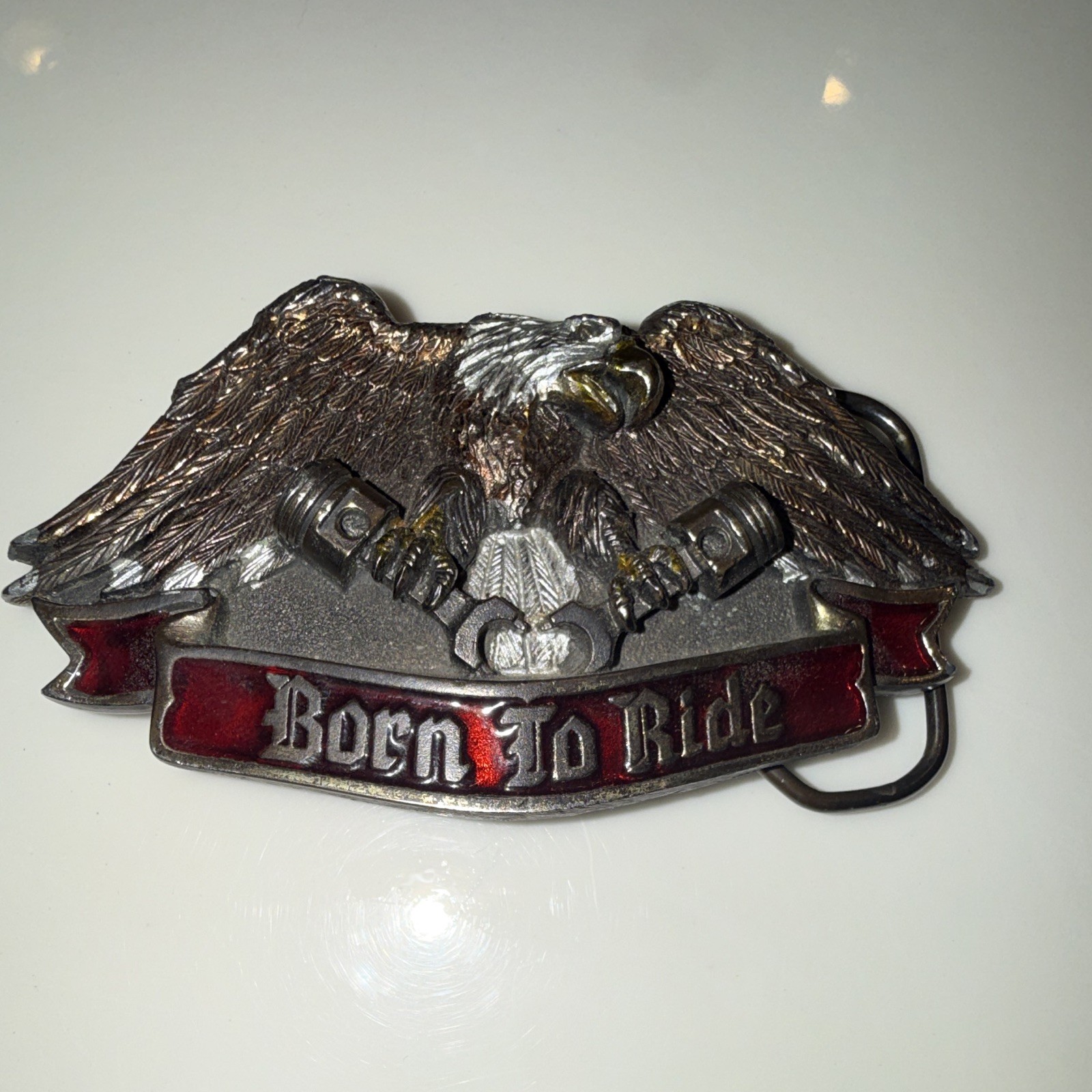 Born To Ride Eagle Motorcycle Biker Metal Western Belt Buckle Silver/Red 1.5&Prime;