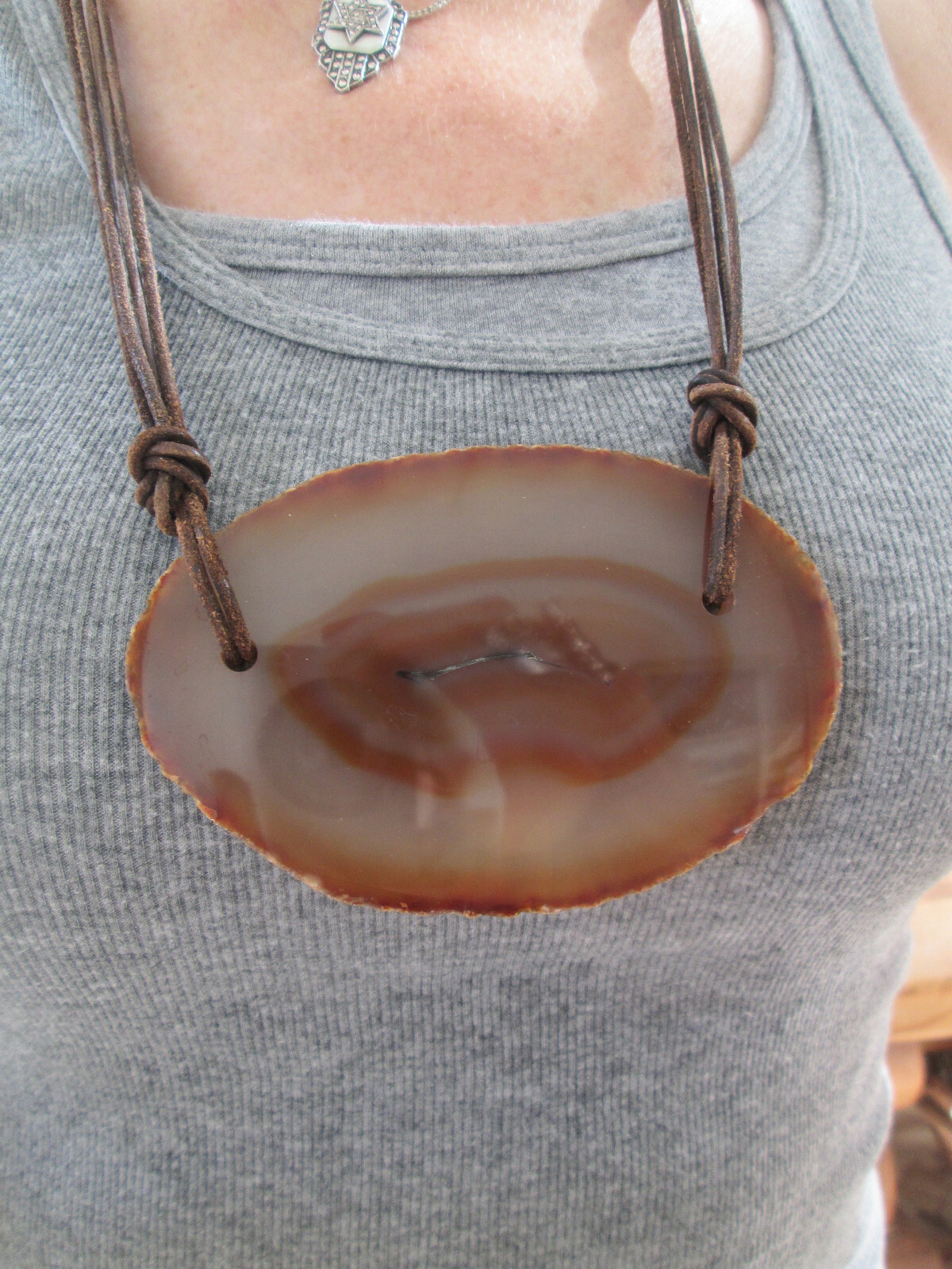Brazilian Agate Slab Brown Geode and Brown Leather Boho Belt (or Necklace)