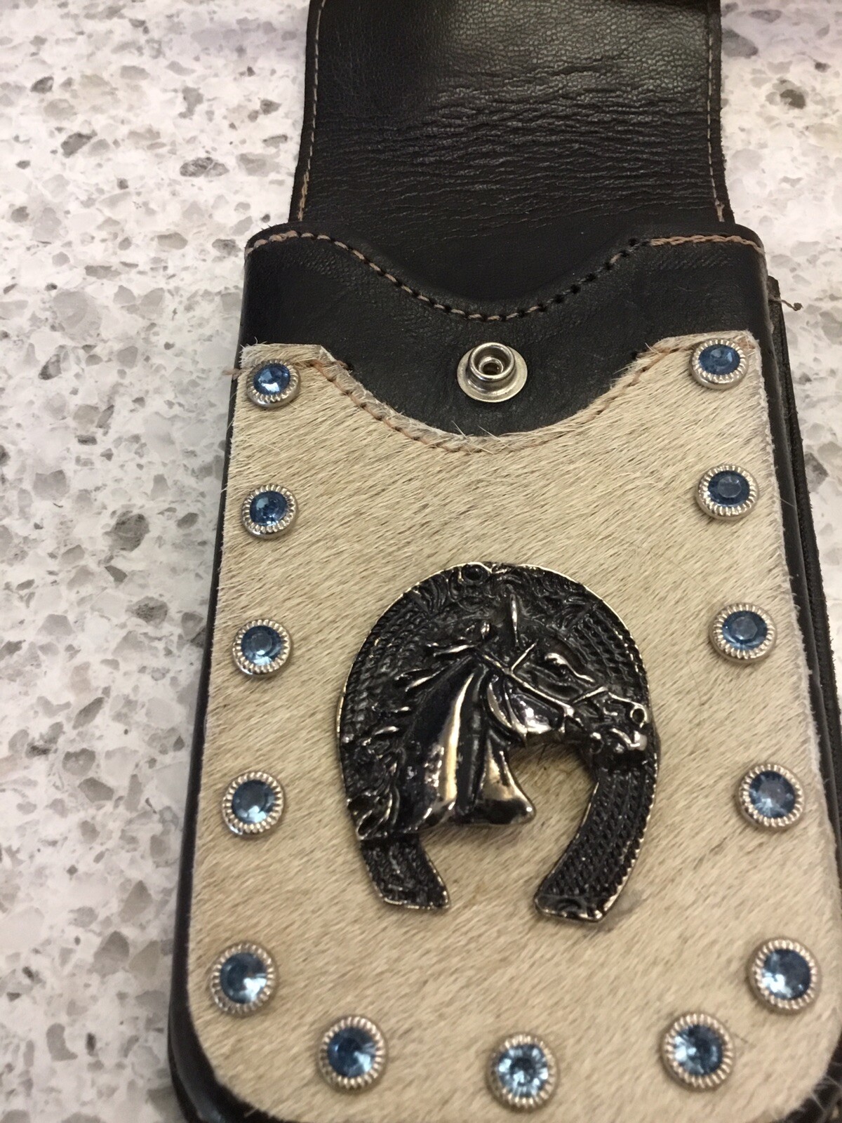 Leather Belt Attachment WESTERN COWHIDE HORSE HORSESHOE BLUE STONES-NICE!!