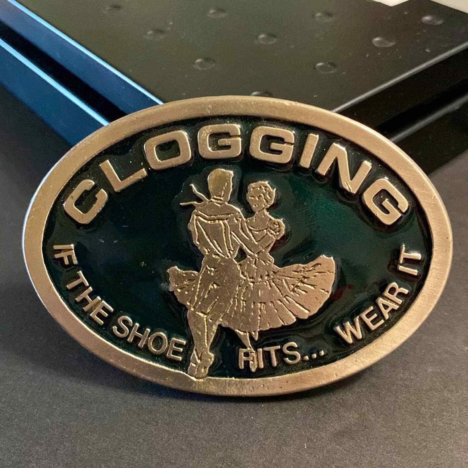 Vintage VTG Clogging Square Dancing Pewter Green Enamel Belt Buckle