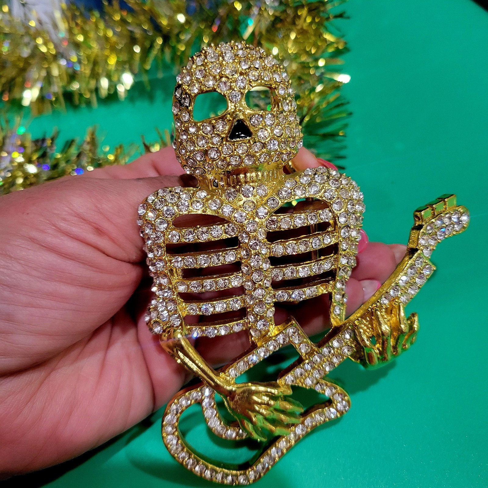 Skeleton Playing Guitar Belt Buckle Rhinestone Studded Gold Tone 4.5x 3.5 inches