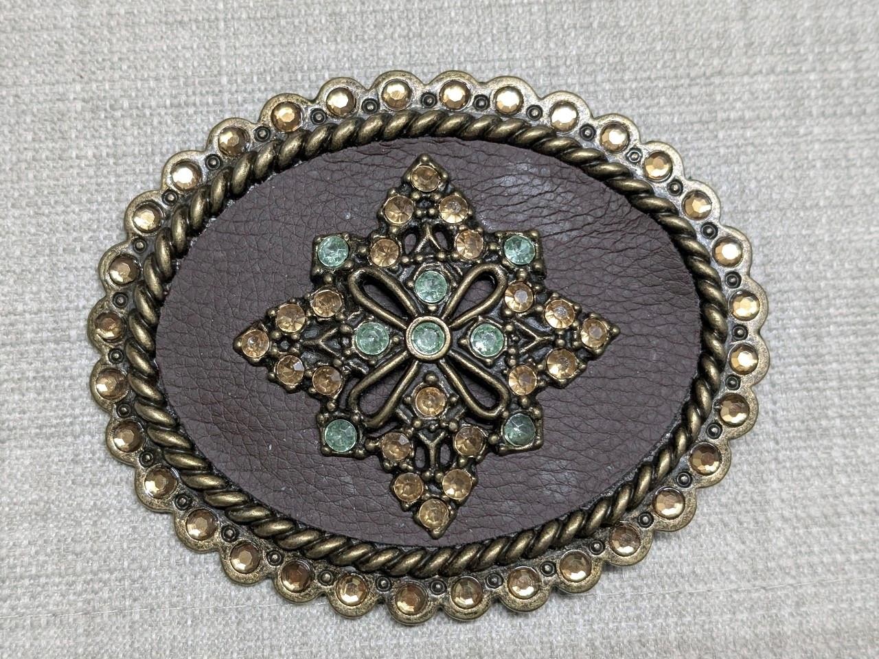 vintage RHINESTONE belt buckle STUDDED leather BRASS western cowboy