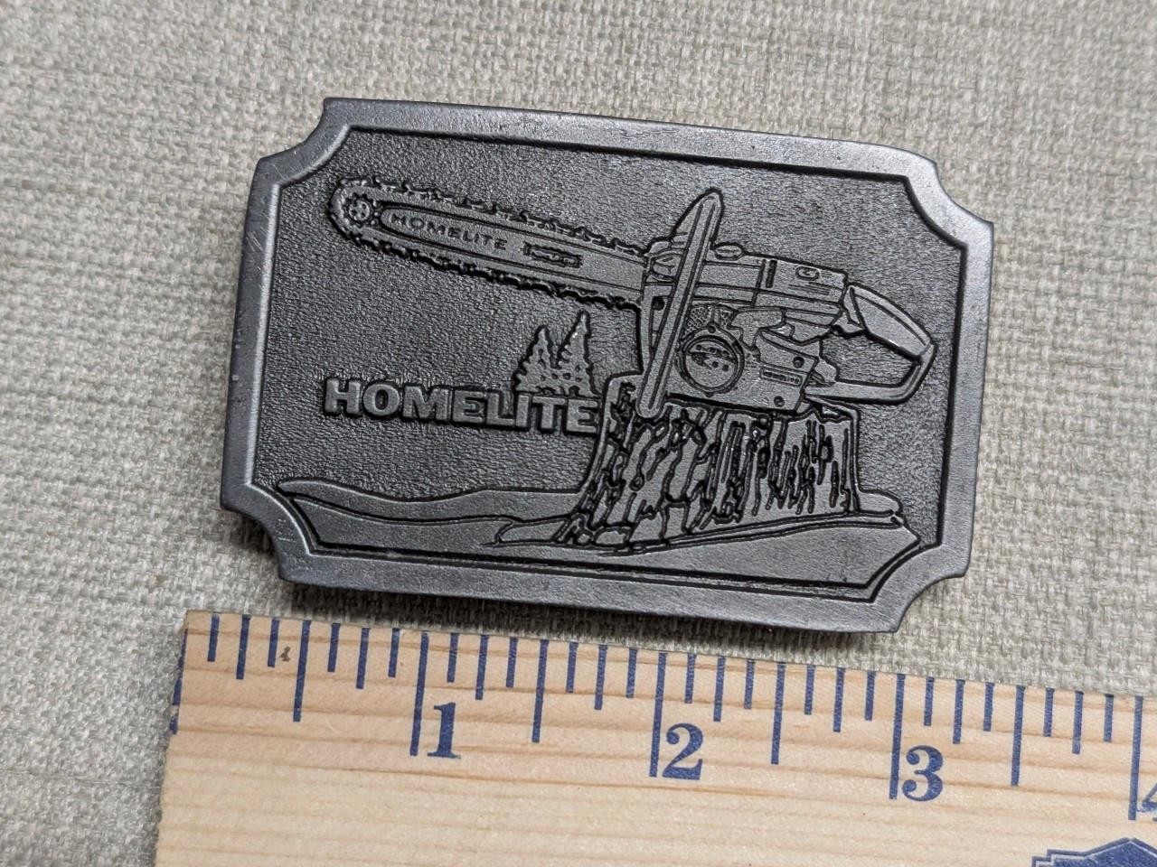 vintage HOMELITE belt buckle CHAINSAW pewter LUMBERJACK western cowboy