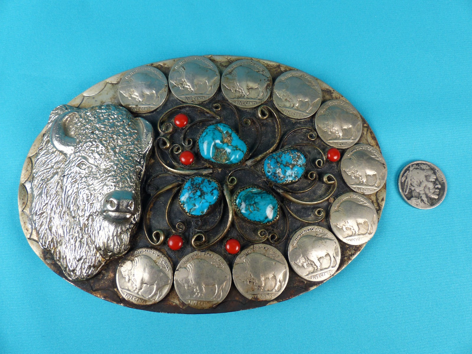 Vtg 1970&rsquo;s NA Style Turquoise Coral Buffalo Nickel Silver Squaw Wrap Belt Buckle