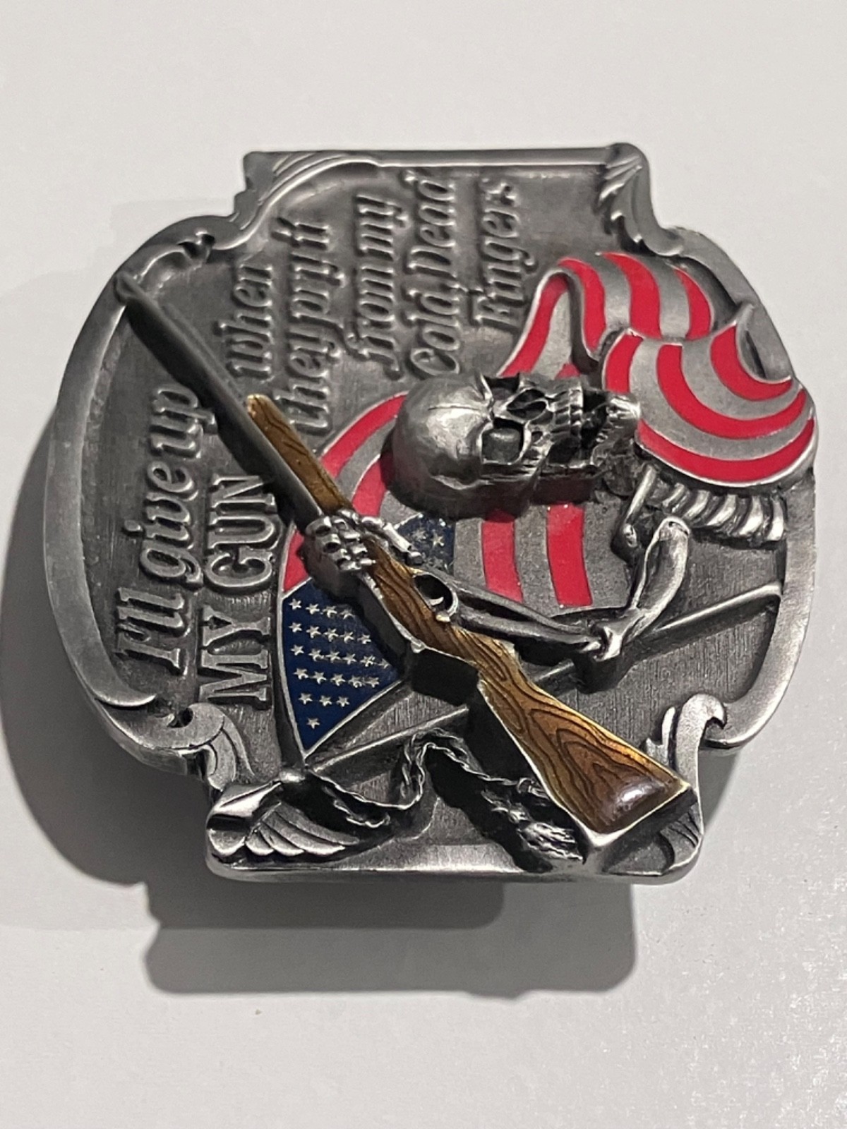 My Gun Pry It From Belt Buckle USA Flag NRA Skull Fight siskiyou Pewter