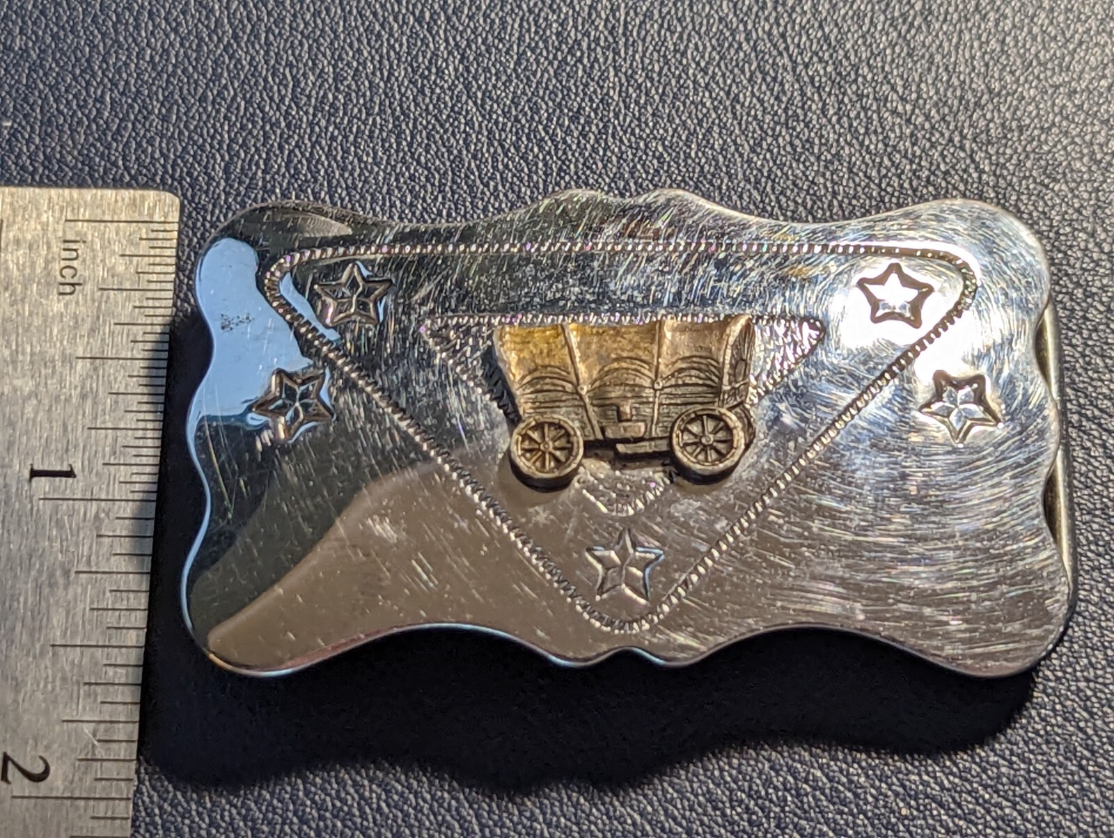 Vintage Covered Wagon Western Belt Buckle, Silver with Bronze Wagon
