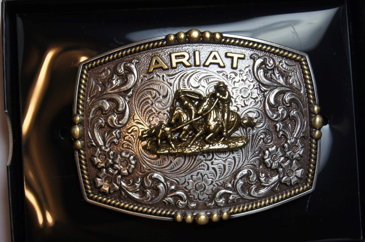 Ariat Western Belt Buckle Filigree Logo Team Roper Silver tone A37064
