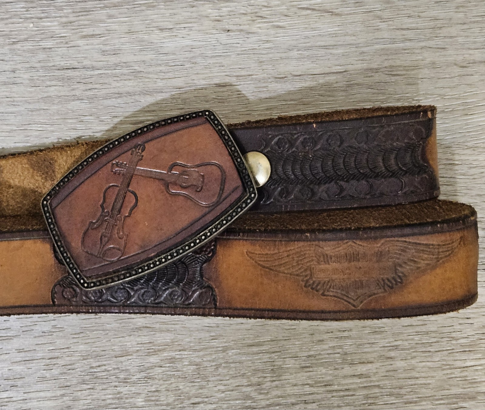 Vtg Harley-Davidson Leather Belt Country Music Buckle Brown Size 30 (READ)