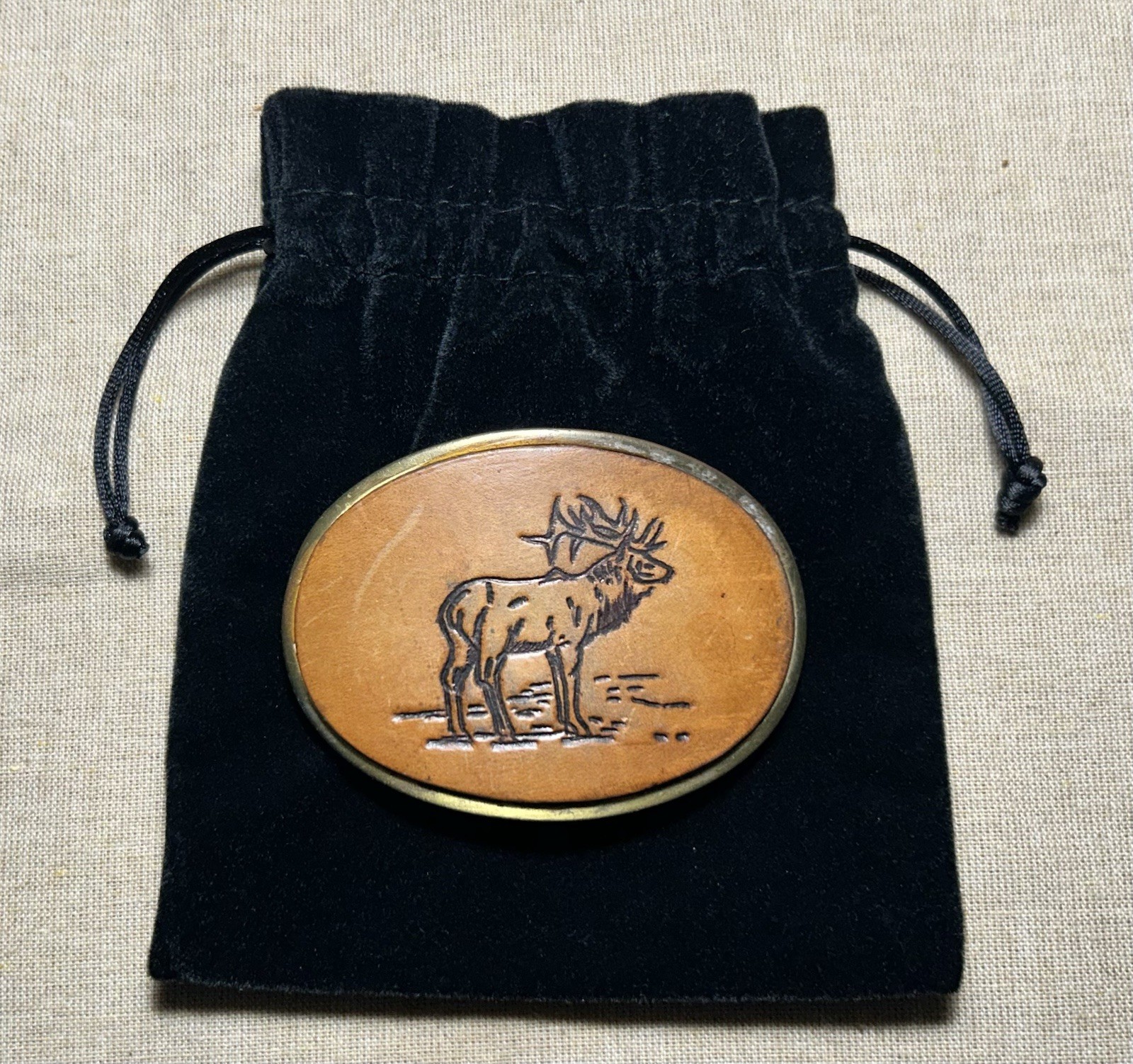 Vintage Elk Leather Belt Buckle Western Wildlife Oval Brown Brass USA