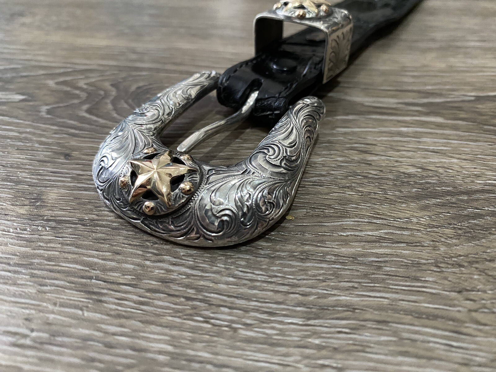 Rare Chet Vogt 14k .925 Sterling Belt Buckle Set XL cowboy Star BLK ✅
