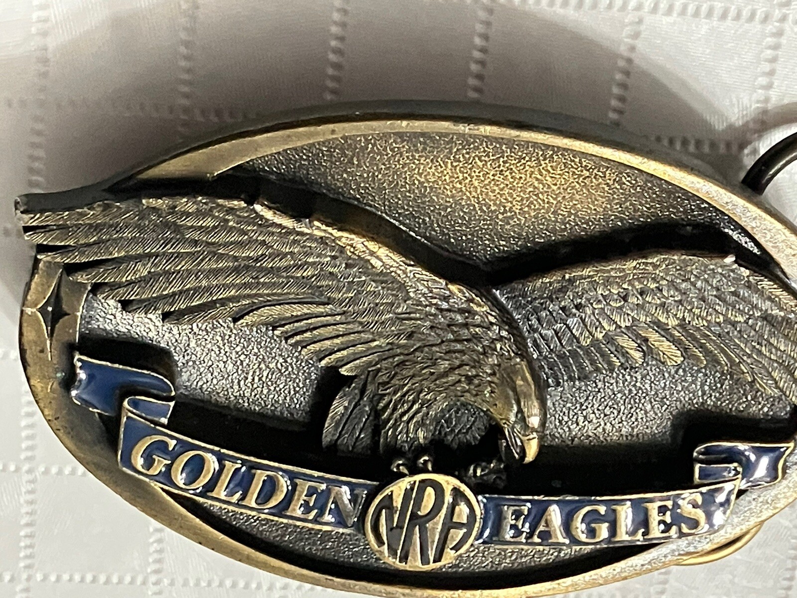 Vintage NRA Belt Buckle Golden Eagles Solid BRASS Blue Made in USA NRA Am Eagle