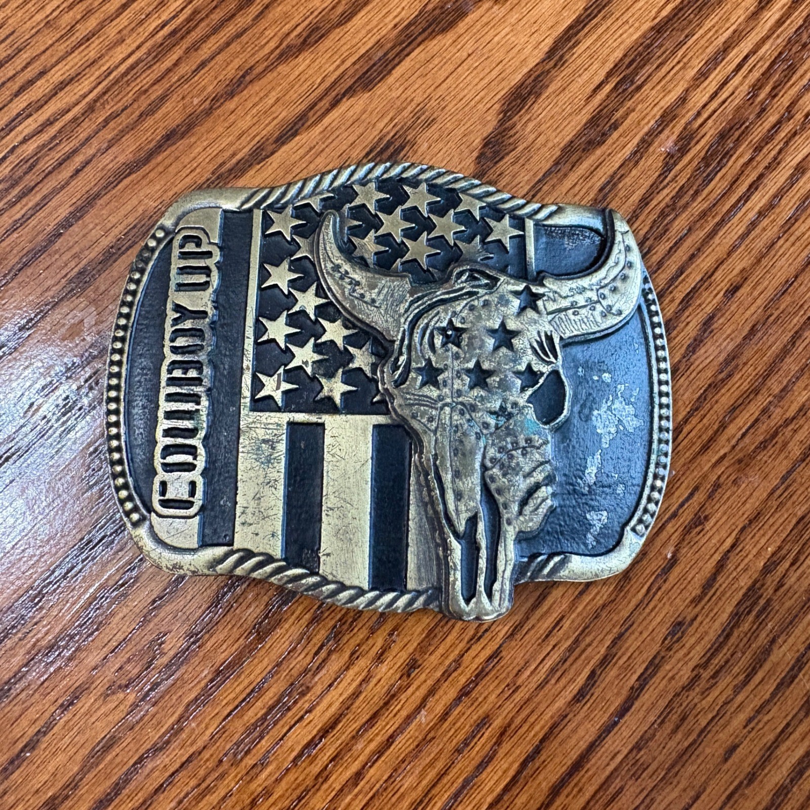 Montana Silversmith Belt Buckle Mens OS Cowboy Up Steer Skull Flag Western Brass