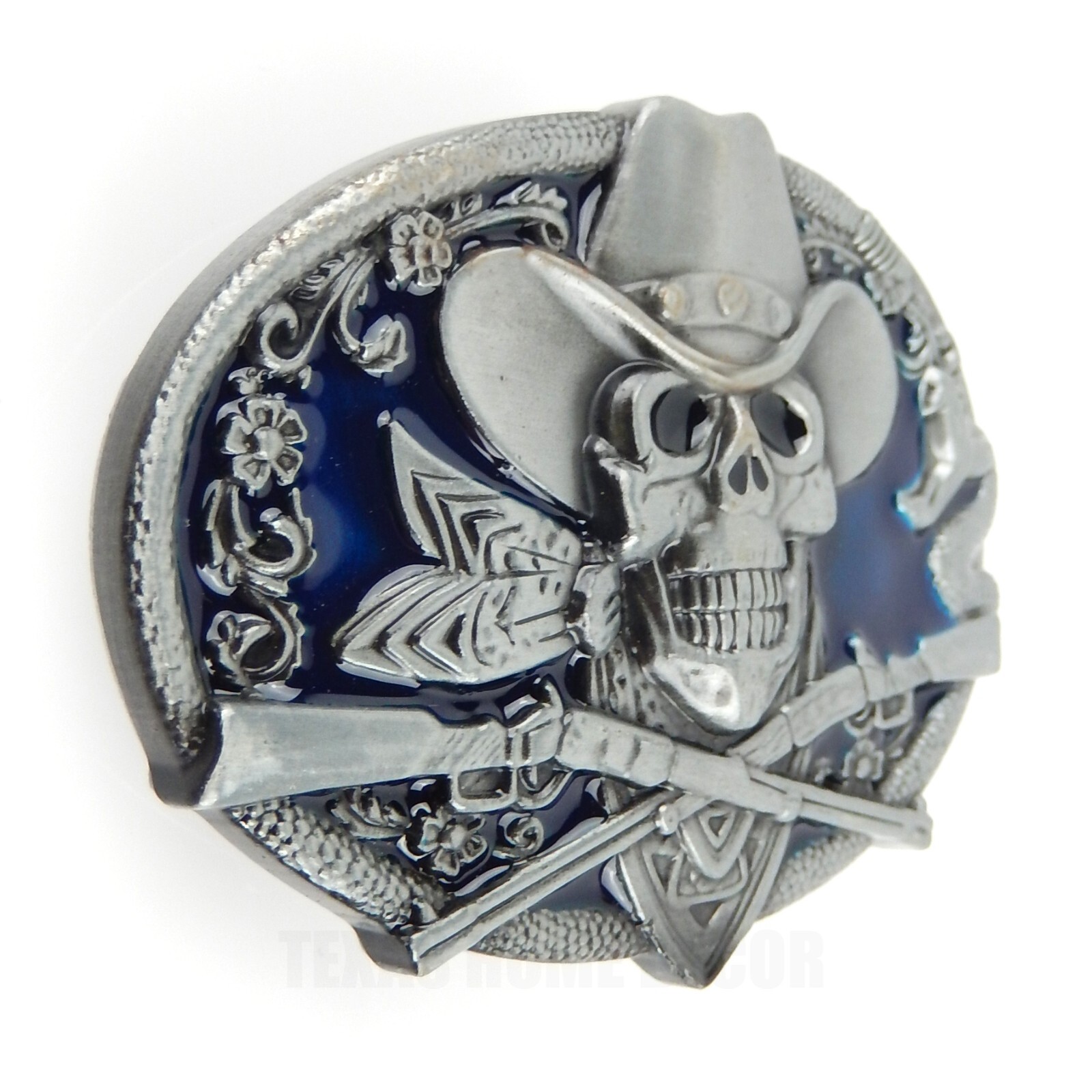 Dead Cowboy Belt Buckle Skull Guns Rattlesnake Blue Enamel Fits 1.5&Prime; Belts