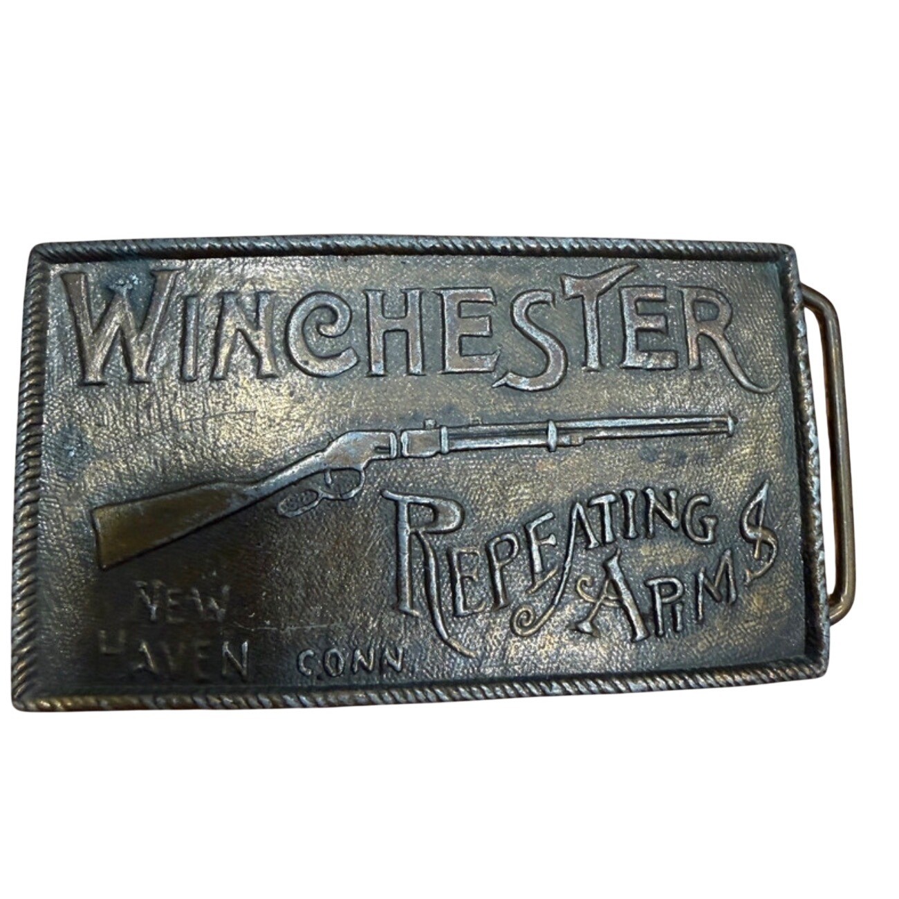 Vtg Winchester Repeating Arms Belt Buckle Brass Tone Rifle New Haven Conn 1980s